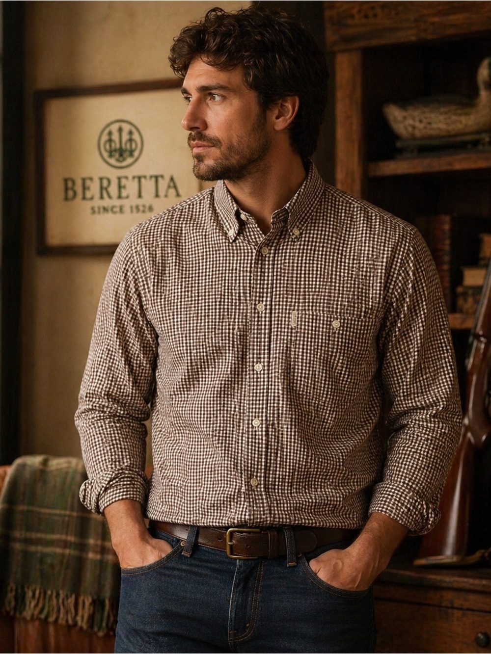 Beretta Italy Gingham Button Down Shirt Men’s Size L Brown Check Cotton Hunting